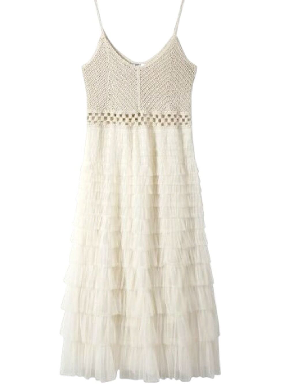 POL Crochet Lace Tiered Midi Dress | Boho Ivory Ruffle | Western Festival | O/S - Picture 12 of 14